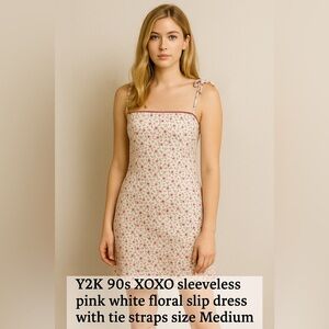 Y2K 90s XOXO Sleeveless Pink White Floral Slip Dress with tie straps size Medium